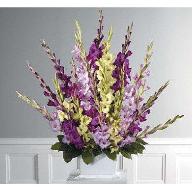Purple Gladiolus and Ti Leaves Sympathy Basket