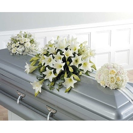 Green and White Flowers Sympathy Casket Spray