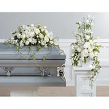 White Flower Half Couch Casket and Basket Sympathy Package - Flowers by Pouparina