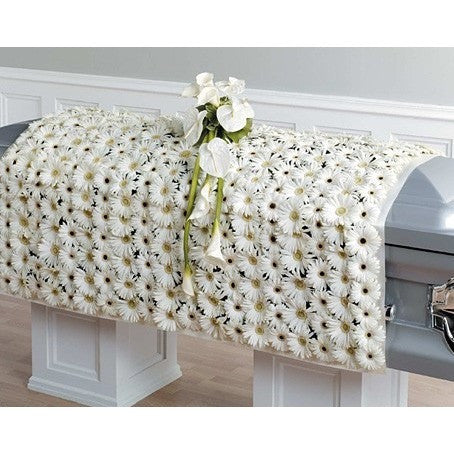 White Gerberas Sympathy Blanket and White Calla Lilies and Anthuriums Casket - Flowers by Pouparina