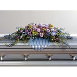 Blue, Lavander and Purple Flowers with Hanging Ribbons Sympathy Casket Spray - Flowers by Pouparina