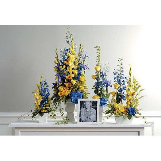 Yellow and Blue Sympathy Tribute Flowers - Flowers by Pouparina