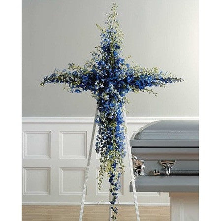 Blue Delphinium Cross Standing Spray - Flowers by Pouparina