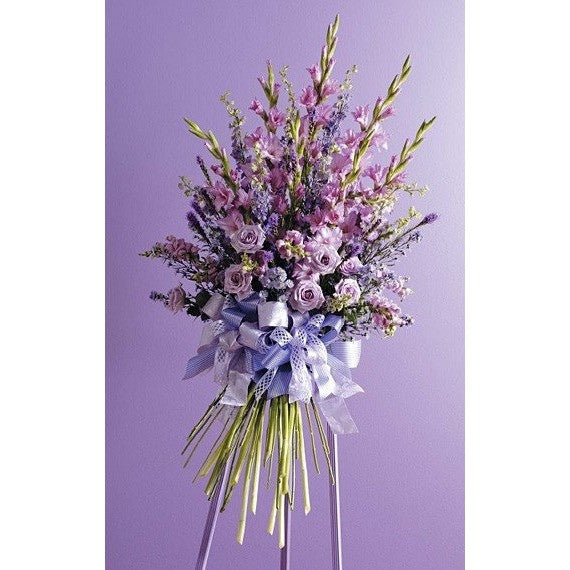 Lavander and Purple Sympathy Standing Spray with Ribbon - Flowers by Pouparina