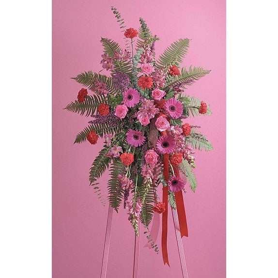 Pink and Red Flowers with Ribbon Sympathy Standing Spray - Flowers by Pouparina