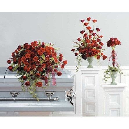 Red Flowers and Topiary Sympathy Package - Flowers by Pouparina