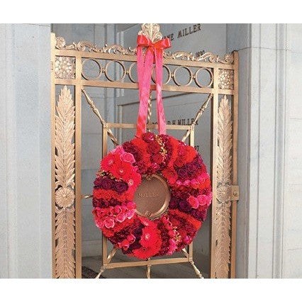 Red Satin Wreath with Red Hearts Roses Standing Spray