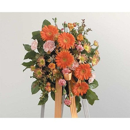 Orange Flowers and Ribbon Sympathy Standing Spray - Flowers by Pouparina