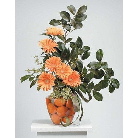 Orange Gerberas with Oranges Inside the Base Sympathy Basket - Flowers by Pouparina