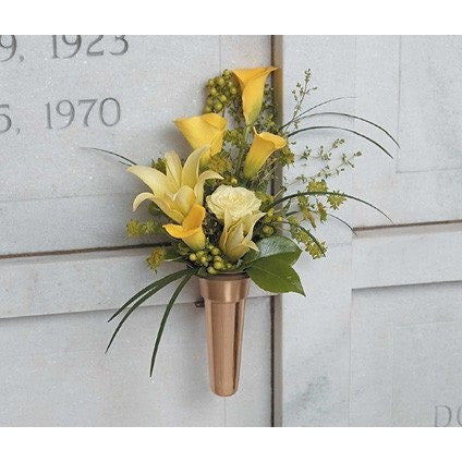 Orange Gerberas, Lavander Roses and Yellow Mini Callas Sympathy Tribute Flowers