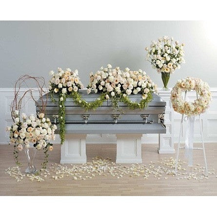 White Flower Half Couch Casket and Basket Sympathy Package