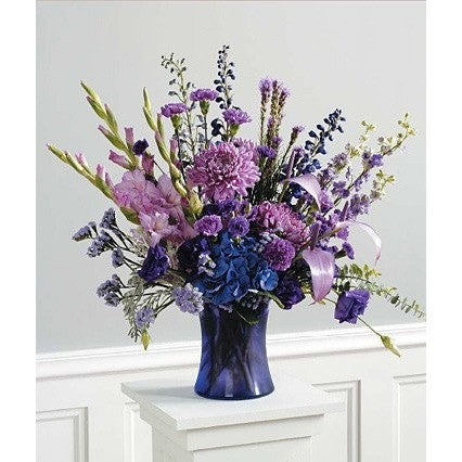 Lavender Gladioli, Blue Design Sympathy Floral Arrangement - Flowers by Pouparina