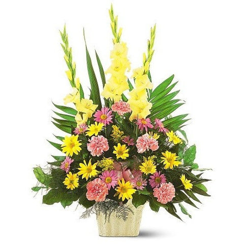 Yellow Roses, Mini Callas Lily and Orchids Sympathy Basket