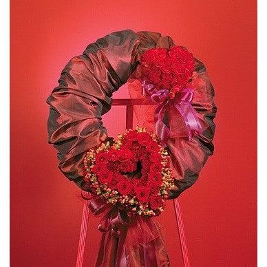 Red Satin Wreath with Red Hearts Roses Standing Spray